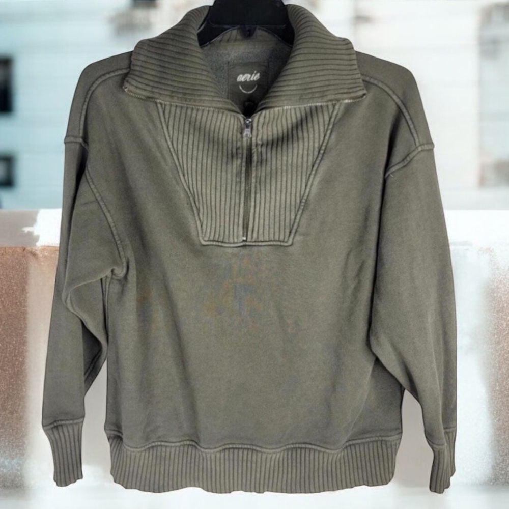 Aerie‎ Down To Earth Quarter Zip Olive Green Sweatshirt
